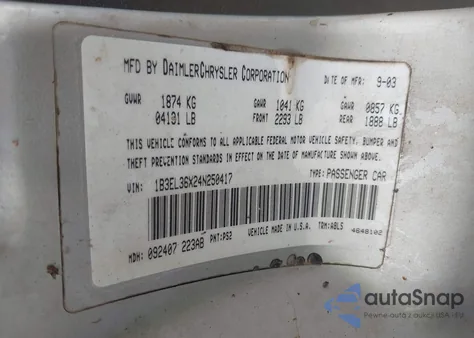 2004 Dodge Stratus Se from USA, damaged, VIN 1B3EL36X24N250417